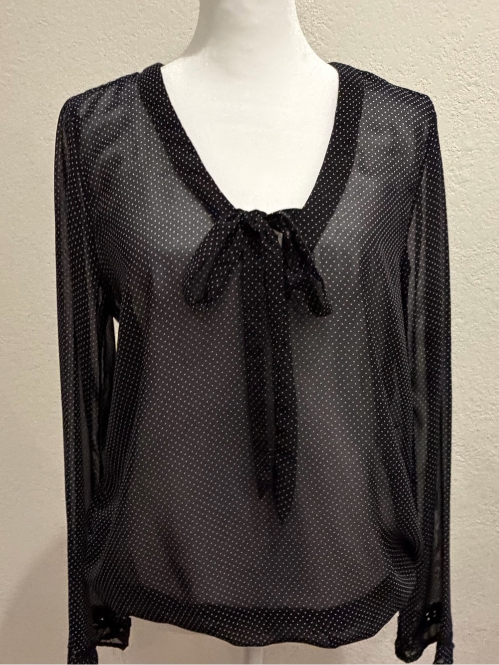 Black Sheer Polka Dot Tie Neck Blouse Medium